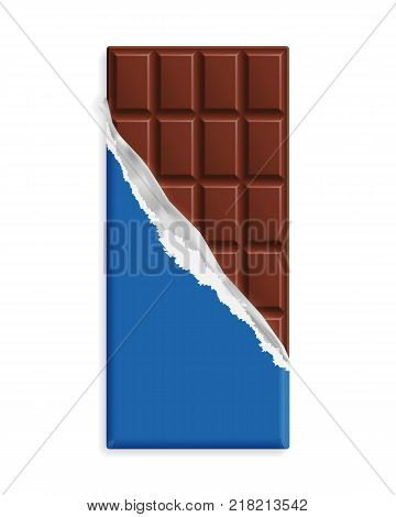 Milk chocolate bar in blue wrapper mock up. Sweet dessert in blank package with place for text, symbol. Graphic design element for packaging, poster, flyer, dessert advertisement. Vector illustration