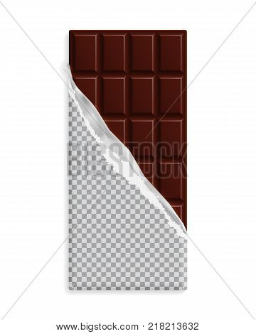 Dark bitter chocolate bar, blank wrapper mock up. Sweet dessert package template. Place for text, symbol. Graphic design element for packaging poster, flyer, dessert advertisement. Vector illustration