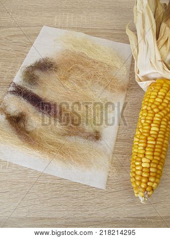 Dried corn silk, maydis stigma, on paper