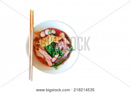 White noodle with red soup in Thai style food (Yen-ta-for). This has clipping path.