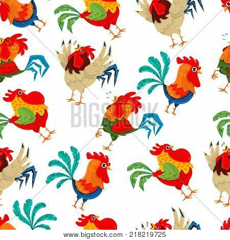 Rooster seamless pattern. Colorful chicken symbol of Chinese New Year. Vector wallpaper on a white background.