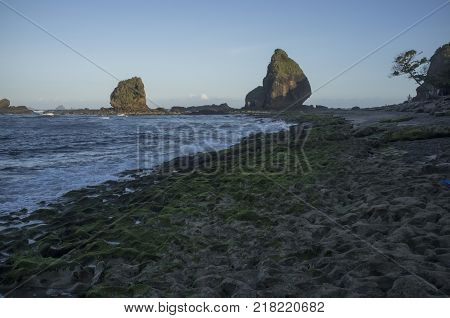 INDONESIA: Scenery of Tanjung Papuma Beach with rock and mossy foreground. Papuma beach is located at Jember,Surabaya, East Java.