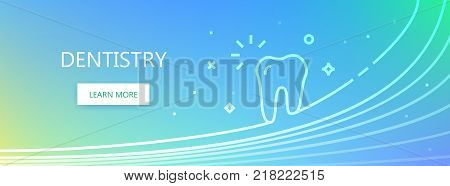 Blue colored medicine related vector banner with Dentistry word and tooth icon in outline style.