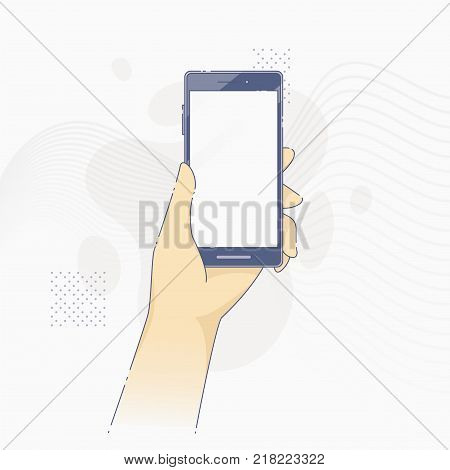 Vector illustration of hand holding hi-tech modern smartphone in flat line style.