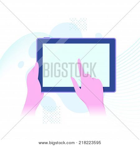 Vector illustration of hands holding tablet computer and tapping on screen in bright material colors.