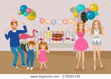 cute cartoon family smile happily with birthday party