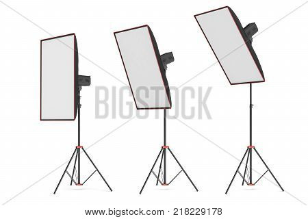 3d rendering of studio flash with big size softboxes stands turned down in several angles. Professional lighting gear. Photo shoot necessities. Preparation for photographer's work.