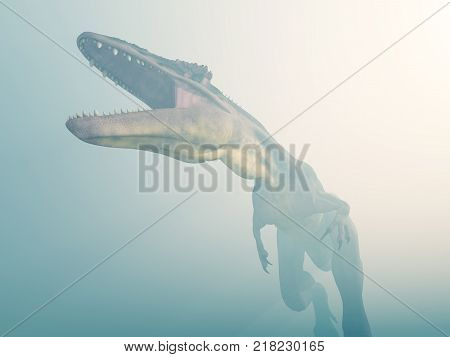 Computer generated 3D illustration with the dinosaur Tyrannotitan in the fog