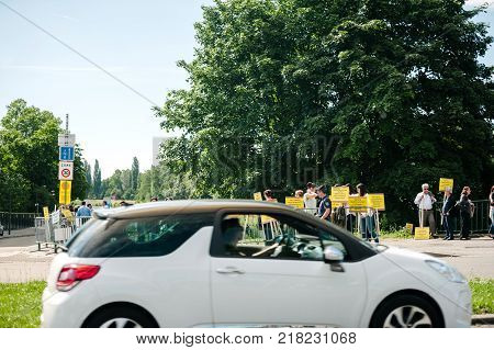 STRASBOURG FRANCE - JUN 3 2015: People protesting at European Court of Human Rights ECHR during grand chamber hearing conc rejection made by Turkish Alevis that state cover the expenses of cemevis