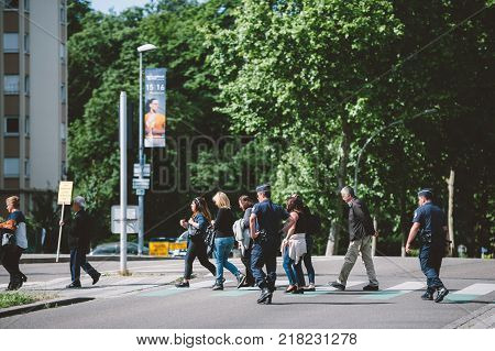 STRASBOURG FRANCE - JUN 3 2015: People protesting at European Court of Human Rights ECHR during grand chamber hearing conc rejection made by Turkish Alevis that state cover the expenses of cemevis