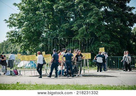 STRASBOURG FRANCE - JUN 3 2015: People protesting at European Court of Human Rights ECHR during grand chamber hearing conc rejection made by Turkish Alevis that state cover the expenses of cemevis
