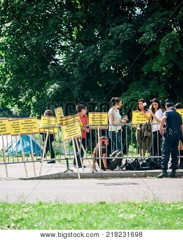 STRASBOURG FRANCE - JUN 3 2015: People protesting at European Court of Human Rights ECHR during grand chamber hearing conc rejection made by Turkish Alevis that state cover the expenses of cemevis