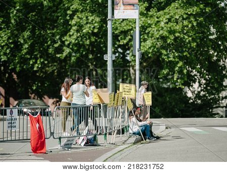 STRASBOURG FRANCE - JUN 3 2015: People protesting at European Court of Human Rights ECHR during grand chamber hearing conc rejection made by Turkish Alevis that state cover the expenses of cemevis