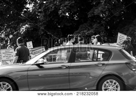 STRASBOURG FRANCE - JUN 3 2015: People protesting at European Court of Human Rights ECHR during grand chamber hearing conc rejection made by Turkish Alevis that state cover the expenses of cemevis