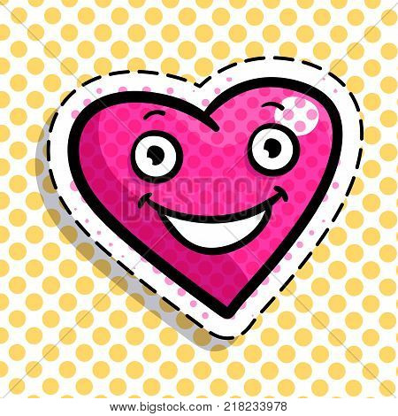 Red smiling heart on dots background. Art design for Valentines Day greetings and card in pop art syle.