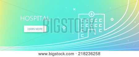 Blue colored medicine related vector banner with Hospital word and hospital building symbol icon in outline style.