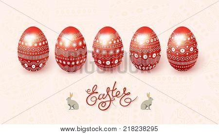 Happy Easter. A set of 3D realistic red eggs with an ornament on the background of stems and leaves. Lettering Easter rabbit. Vector illustration