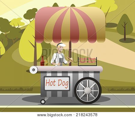 Trolley wheel for fast food in the urban landscape. Vector illustration