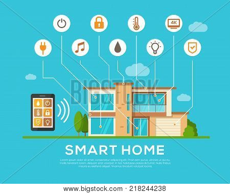 Smart Home concept. Automation concept. Smart systems and technology. Mobile apps. Security, thermostat, light bulb, music. Modern infographic elements. Flat style. Vector illustration.