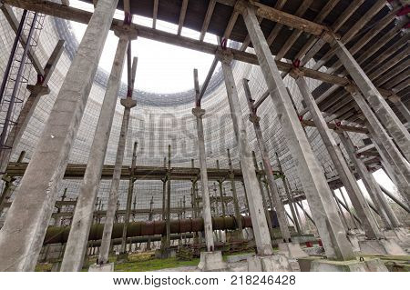 Chernobyl, Ukraine. Inside view from unfinished cooling tower of Chernobyl nuclear power plant block 5