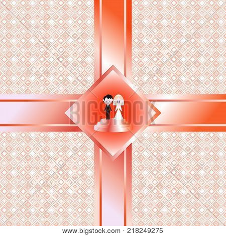 Abstract people, man and woman in the center of the holiday decoration of the invitation card with a strict geometric pattern on the red background. Wedding figures of the newlyweds. Vector
