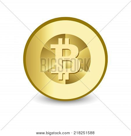 Bitcoin. Physical bit coin. Digital currency. Cryptocurrency. Golden coin with bitcoin symbol isolated on white background. Stock vector illustration.