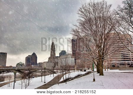 Snow along the Scioto Mile in downtown Columbus, Ohio