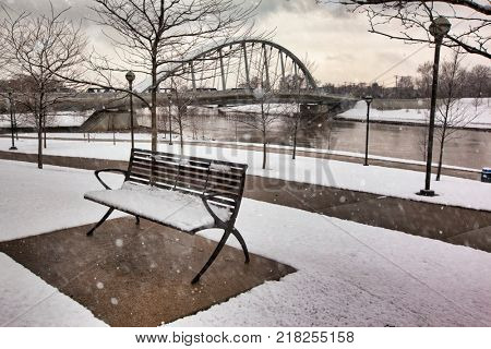 The Scioto Mile in Columbus, Ohio with the Main Street Bridge in the background is lovely in the winter.