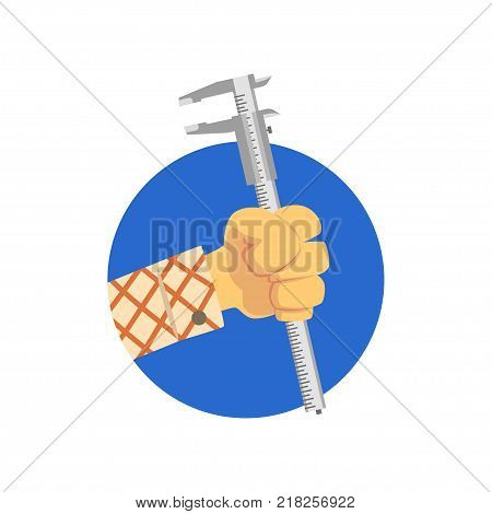 Hand holding vernier caliper or stangenzirkel, construction and renovation maintenance instrument cartoon vector Illustration on a white background