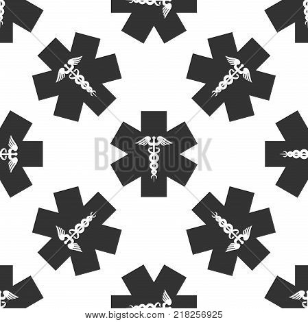 Emergency star - medical symbol Caduceus snake with stick icon seamless pattern on white background. Star of Life. Flat design. Vector Illustration