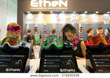 MILAN, ITALY - NOVEMBER 11, 2017: Ethen products on didsplay at EICMA 2017 - 75th International Motorcycle Exhibition