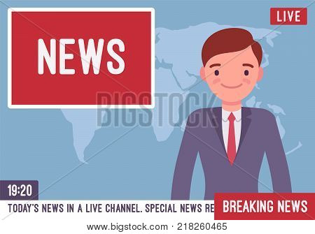 TV news anchorman. Young man, main news reader on a television program, media industry worker reports from a studio on screen current events and information. Vector flat style cartoon illustration