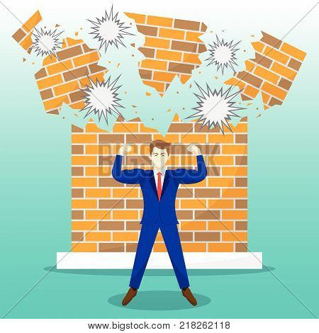 Vector Illustration Business Concept As A Strong Businessman Is Standing In Front Of Breaking Brick Wall. He Is Proud Of Self Performance And Best Effort To Overcome Obstacle Barrier Difficulty.