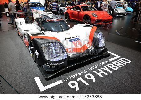 DUBAI UAE - NOVEMBER 17: The Porsche 919 Hybrid sportscar is on Dubai Motor Show 2017 on November 17 2017