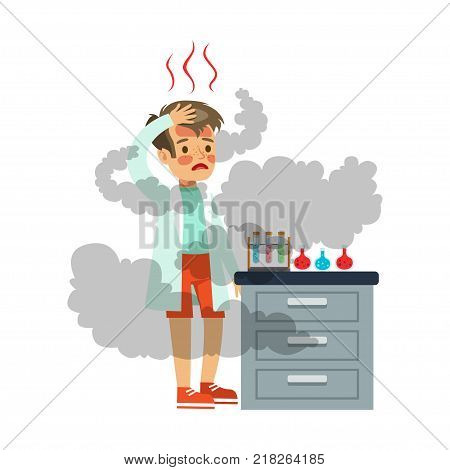 Disappointed boy with burbed face after a failed chemical experiment, scientist experimenting in science chemistry laboratory vector Illustration on a white background