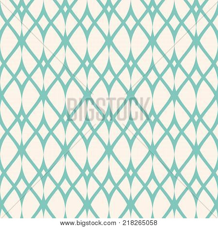 Vintage seamless pattern, thin wavy lines, elegant mesh. Texture of lace, weaving, net, smooth lattice. Subtle geometric background. Aqua green and beige colors. Design for decor, prints. Stock vector.