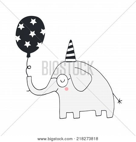 Unique Hand Drawn Nursery Birthday Poster With Elephant In Scandinavian Style. Vector Illustration
