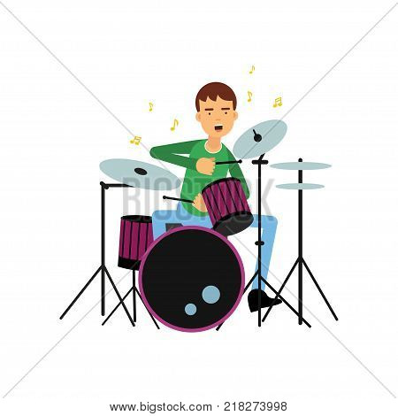 Boy playing drums. Children and adults creative hobby or profession concept. Artist young man musician. Musical performance. Vector illustration in flat cartoon style isolated on white background.