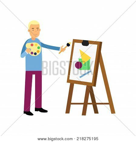 Smiling young man artist painting on canvas. Male standing with palette and brush in hands next to the easel. Creative people hobby and craft work. Vector cartoon flat character isolated on white
