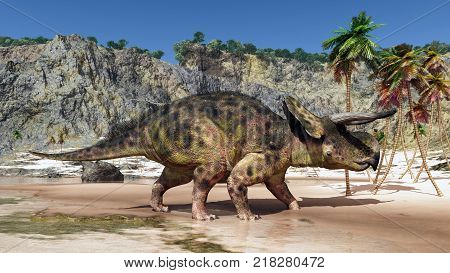 Computer generated 3D illustration with the dinosaur Nasutoceratops at the beach