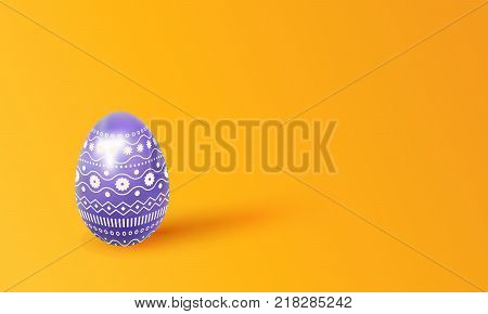 Happy easter. 3d Christmas painted egg with a delicate ornament copy space for text. Negative space. Monochrome background with isolated realistic object for festive design. Vector illustration