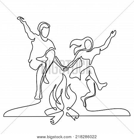 Happy couple jumping over a fire. Continuous line drawing. Vector illustration on white background