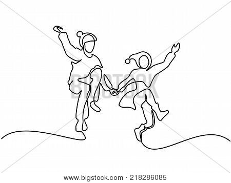 Happy jumping couple at the winter time. Continuous line drawing. Vector illustration on white background