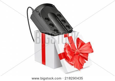 Uninterruptible power supply UPS inside gift box gift concept. 3D rendering