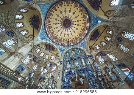 ISTANBUL TURKEY: Interior of Sokollu Mehmet Pasha Mosque is an Ottoman mosque located in Kadirga by architect Sinan on October 2 2017