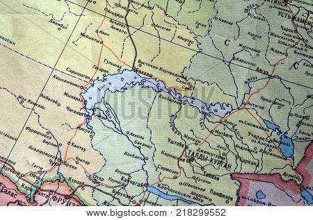 ILLUSTRATIVE EDITORIAL.Fragment MAP of the USSR .Lake Balkhash. Circa 1960.Former Soviet anti-ballistic missile testing range Saryshagan location.Kiev,Ukraine December 13 ,2017