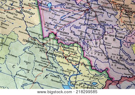 ILLUSTRATIVE EDITORIAL.Fragment MAP of the USSR .Kazakhstan. Circa 1960.Former Soviet Semipalatinsk  nuclear testing range location. Kiev,Ukraine December 13 ,2017