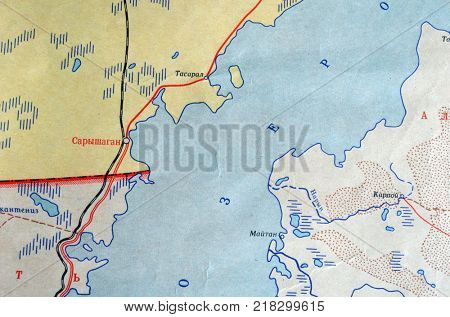 ILLUSTRATIVE EDITORIAL.Fragment MAP of the USSR .Lake Balkhash. Circa 1961.Former Soviet anti-ballistic missile testing range Saryshagan location.Kiev,Ukraine December 13 ,2017