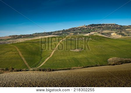 Volterra, Pisa, Italy - November 1, 2017: Hikers Depart From Saline For The Volterra Hills