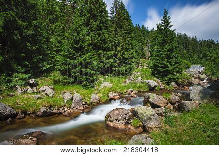 River Elbe in the beginning of journey in Krkonose national park, Czech Republic